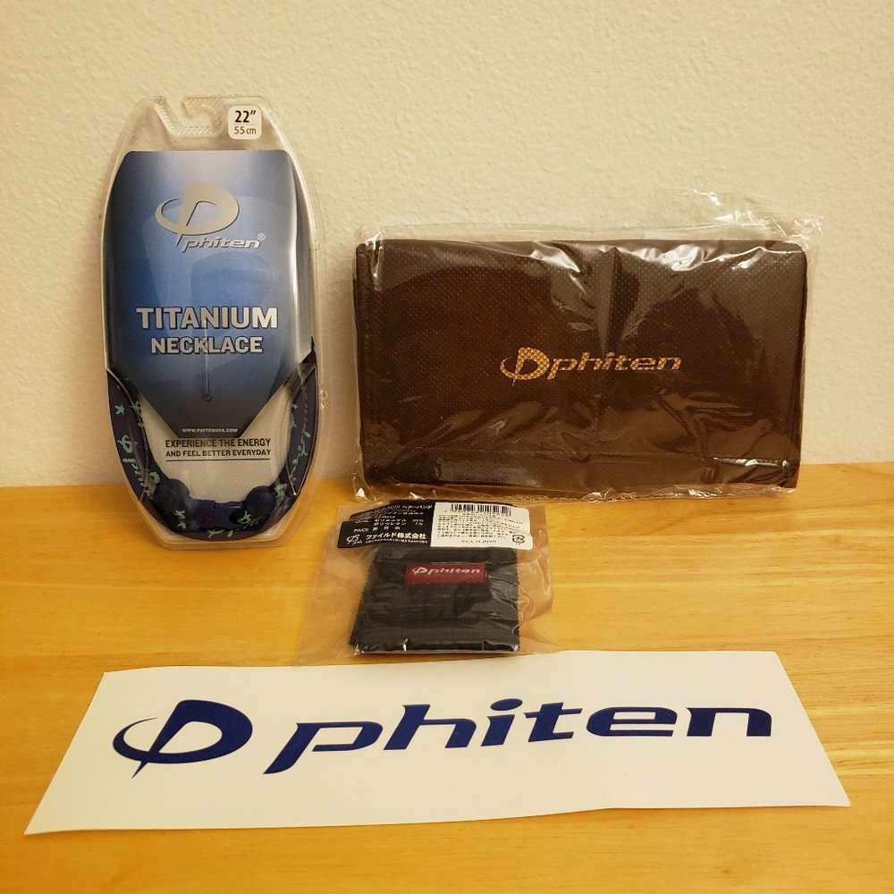 Phiten Titanium Necklace + Brown Tote, Headband, Sticker